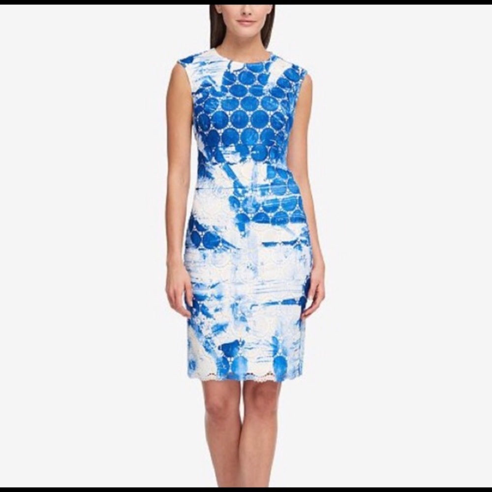 DKNY NWT sheath shift white w/ blue circles dress